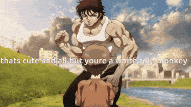 a cartoon of a man standing next to a boy with the words thats cute and all but youre a white role monkey below
