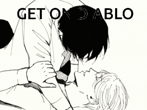 a black and white drawing of a man kissing another man with the words get on diablo above them