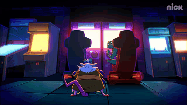 a cartoon of two turtles playing arcade games with the nick logo in the corner