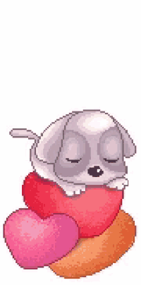 a pixel art of a dog sleeping on top of a pile of hearts .