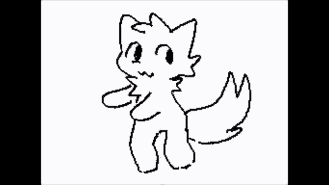 a black and white drawing of a cat with a fox tail .