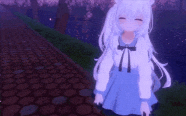 a girl with white hair and a blue dress is standing on a path