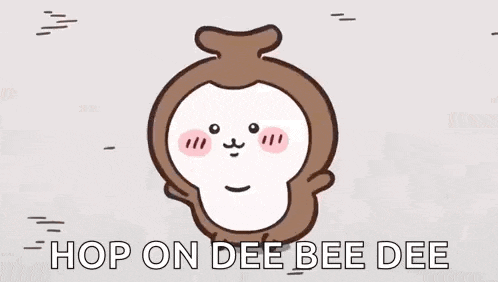 a cartoon monkey with the words `` hop on dee bee dee '' written below it .
