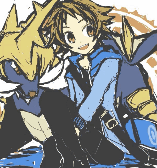 a drawing of a boy and a monster with the letter j on the bottom right