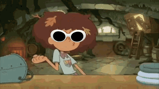 a cartoon character wearing sunglasses is standing in a room