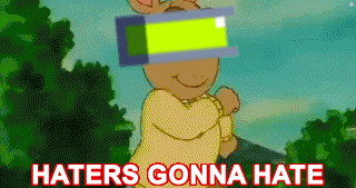 a cartoon character wearing a virtual reality headset with the words haters gonna hate written below him