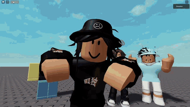 a group of roblox characters are posing for a picture and one of them has a sad face on his hat