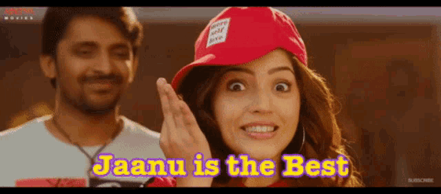 a woman wearing a red hat with the words jaanu is the best
