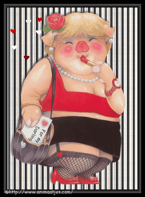 an illustration of a pig holding a note that says for my darling