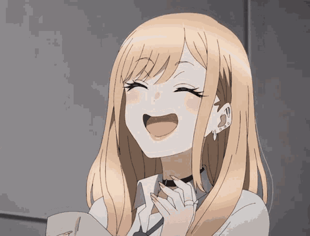 a blonde anime girl with a choker around her neck is laughing with her mouth open