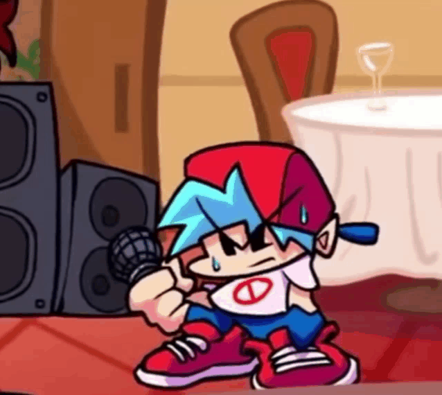 a cartoon character is holding a microphone in a room next to a table and speakers .