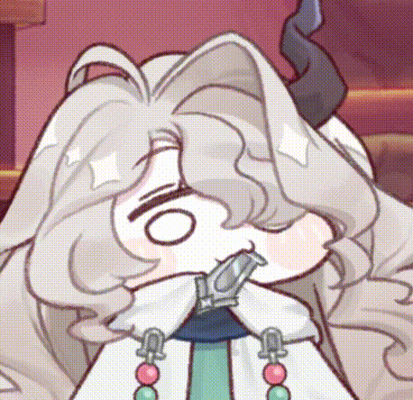 a close up of a cartoon character with white hair and horns holding something in her mouth .