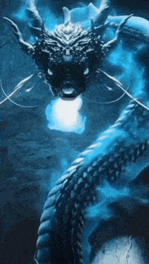 a painting of a dragon with blue flames coming out of its mouth