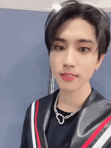a young man wearing a necklace and a black jacket is looking at the camera .