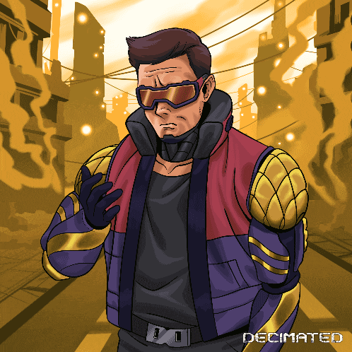 a cartoon of a man wearing goggles and a purple jacket with the word decimated below him