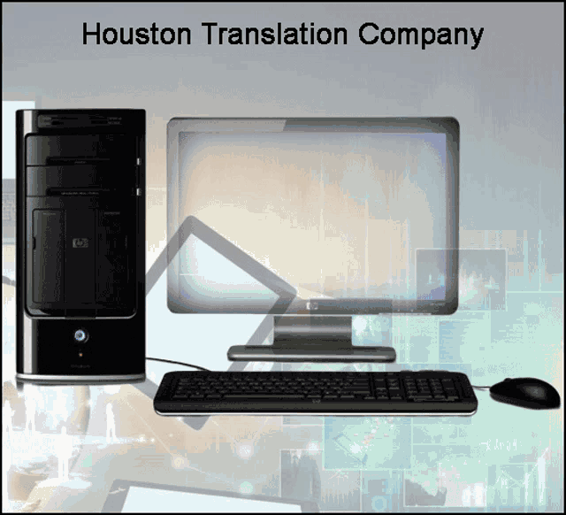 a computer with the words houston translation company written above it
