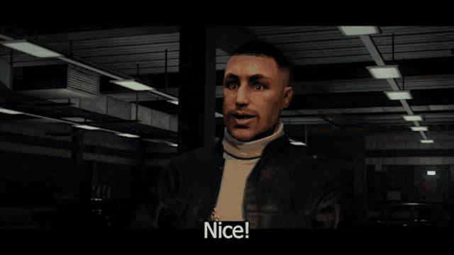a man in a leather jacket and turtleneck sweater says nice