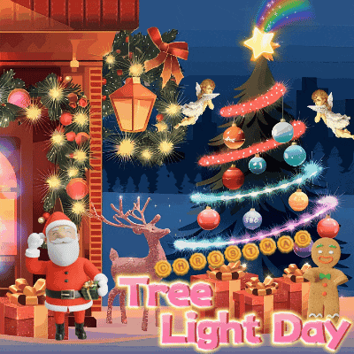 a poster for tree light day with santa and reindeer in front of a christmas tree