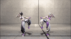 two women in purple pants are dancing in a room