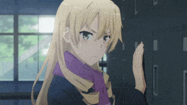 a blonde anime girl wearing a purple scarf stands in front of a locker