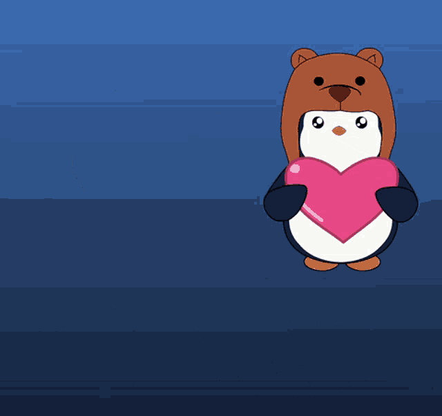 a penguin and a bear holding a pink heart with the words thank you in the background