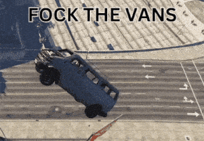 a van is flying through the air with the words " fook the vans " on the bottom