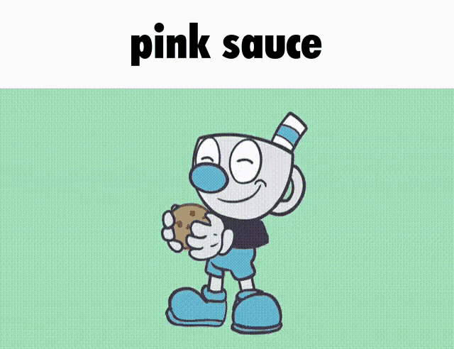 a cartoon character is holding a cookie and the words pink sauce are above him