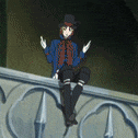 a man in a top hat is sitting on a railing with his arms outstretched