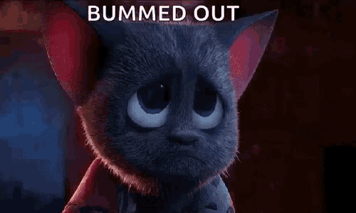 a cartoon cat with a sad look on its face and the words bummed out written below it