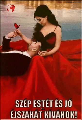 a woman in a red dress is laying on a man 's lap with a red rose in her hand