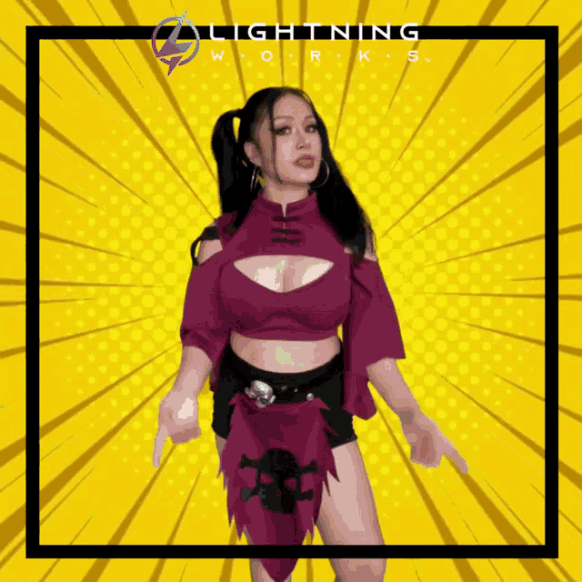 a woman in a red top and black shorts is standing in front of a yellow background that says lightning works
