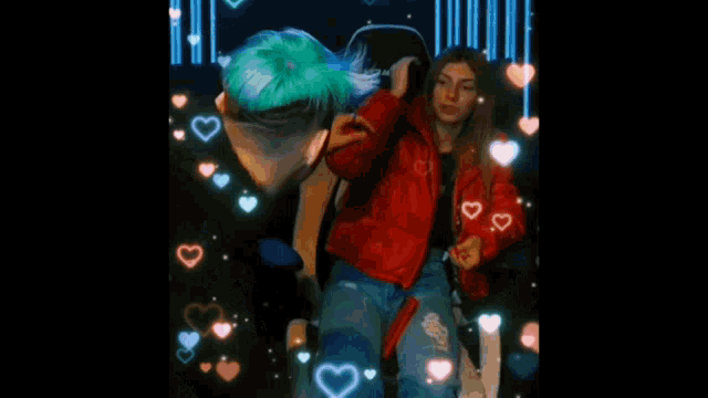 a woman in a red jacket is surrounded by hearts