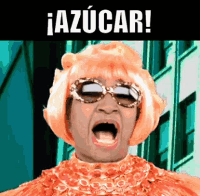 a woman wearing a wig and sunglasses with the word azucar on the bottom
