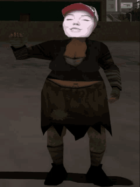 a woman in a red hat has a face on her head