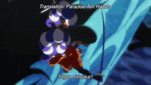 a cartoon of a person holding a sword with the words translation paradise ten hands above them