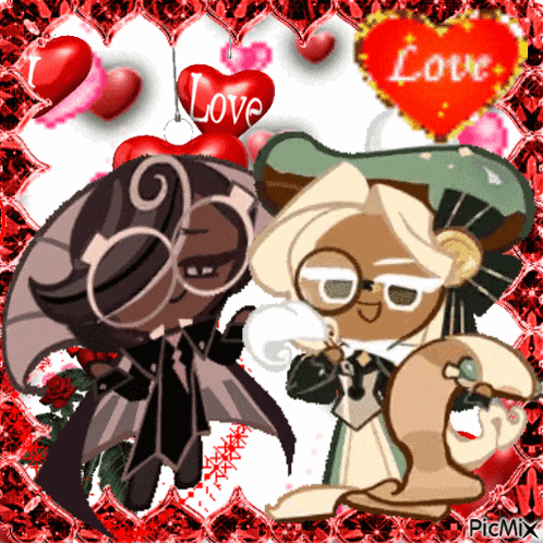 a couple of cartoon characters standing next to each other with a heart that says love on it
