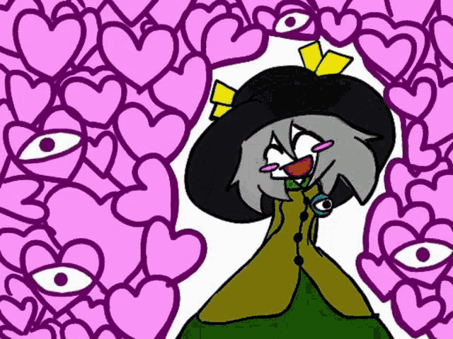 a cartoon of a girl surrounded by pink hearts and eyes