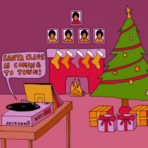 a cartoon of santa claus coming to town with a record player