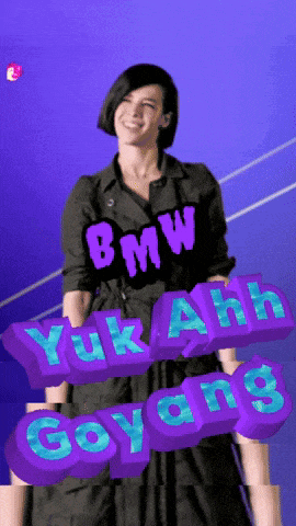 a woman standing in front of a blue background with purple letters that say bmw yuk ahh goyang