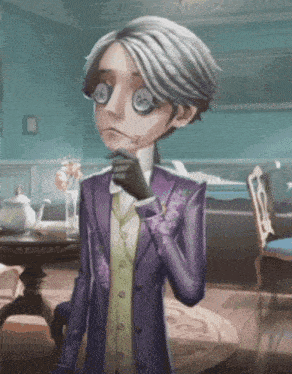 a cartoon character in a purple suit with flowers on it