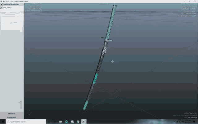 a computer screen shows a 3d model of a sword with the word samurai on it