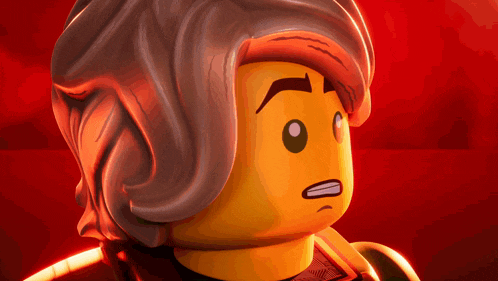 a close up of a lego figure with a surprised expression on his face