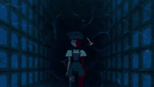 a cartoon character is standing in front of a cloudy sky with a red star on her hat