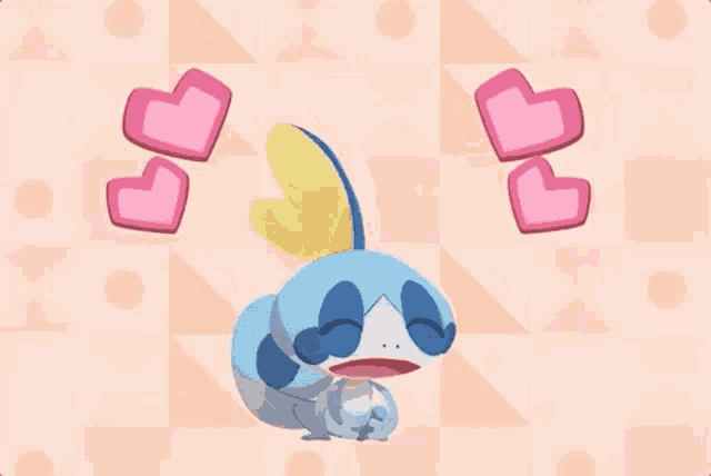 a cartoon frog with two pink hearts behind it