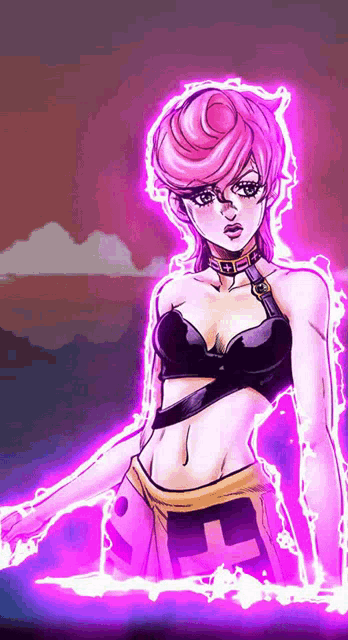 a drawing of a woman with pink hair and a black top