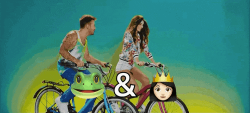a man and a woman riding bicycles with a frog on the back
