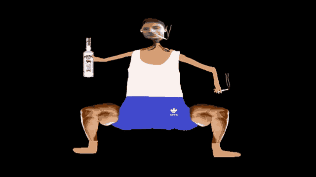 a cartoon man is squatting down holding a bottle of vodka
