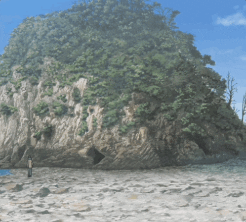 a person standing on a beach near a large rock