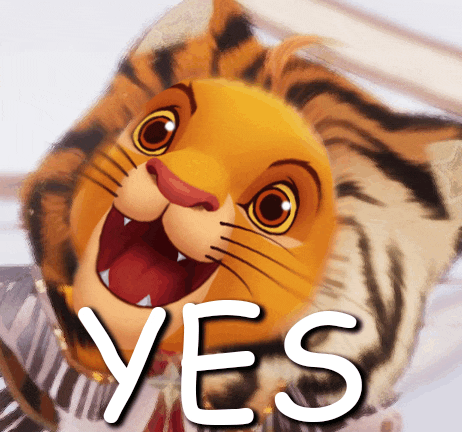 a close up of a cartoon tiger with the word yes in white letters