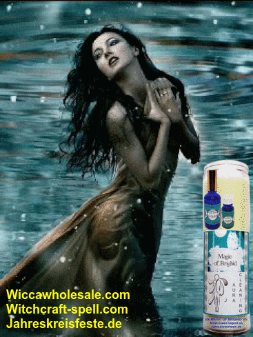 an advertisement for wiccawholesale.com witchcraft-spell.com jahreskreisfeste.de shows a woman in the water